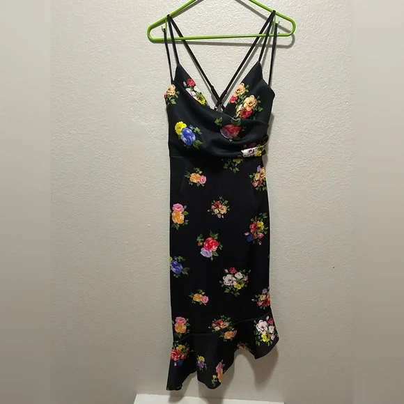 NWT ASOS Black Floral Halter Midi Dress Ruffle Hem Party Cocktail Size  Medium